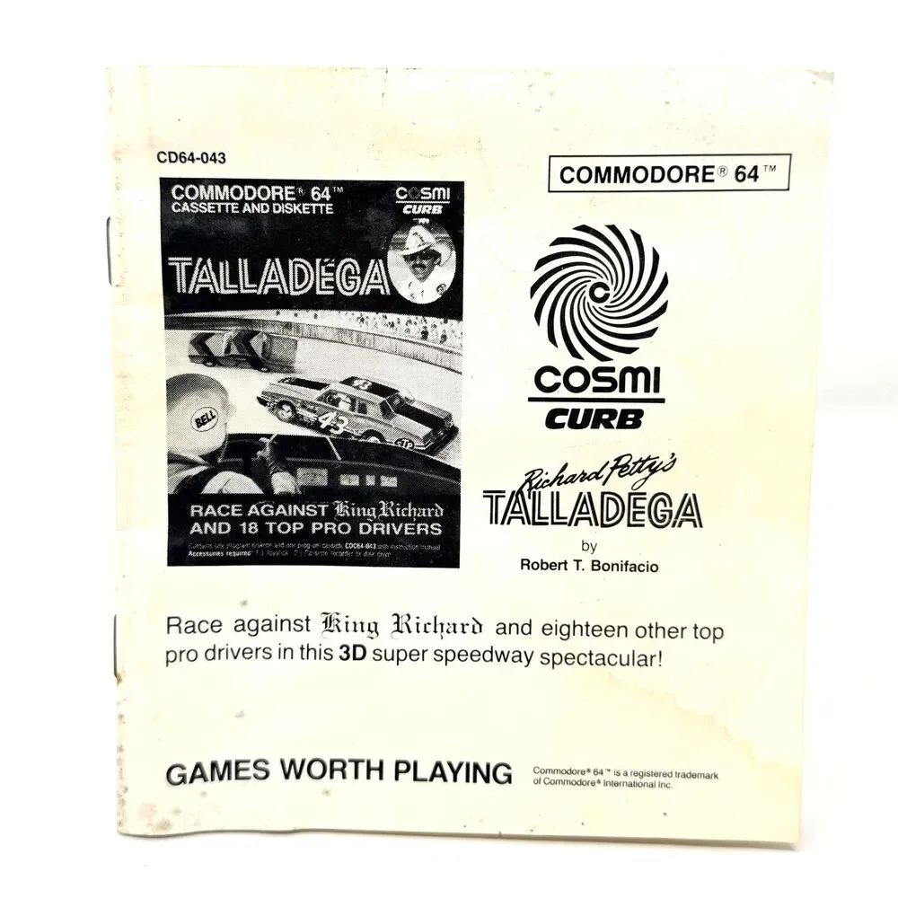 Talladega Commodore 64 C64 Cosmi Cassette Game Manual Richard Petty Vintage